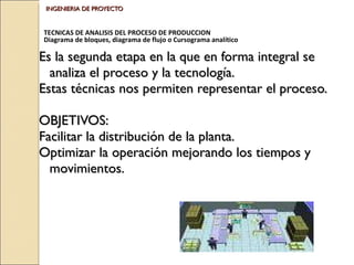 INGENIERIA DE PROYECTO Es la segunda etapa en la que en forma integral se analiza el proceso y la tecnología.  Estas técnicas nos permiten representar el proceso. OBJETIVOS: Facilitar la distribución de la planta.  Optimizar la operación mejorando los tiempos y movimientos. TECNICAS DE ANALISIS DEL PROCESO DE PRODUCCION Diagrama de bloques, diagrama de flujo o Cursograma analítico 