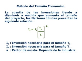 Método del Tamaño Económico  La cuantía de las inversiones tiende a disminuir a medida que aumenta el tamaño del proyecto, las Naciones Unidas presentan la siguiente relación.  I 1  : Inversión necesaria para el tamaño T 1  I 2  : Inversión necesaria para el tamaño T 2   a  : Factor de escala. Depende de la industria  T 2 T 1 I 2  =  I 1 a 