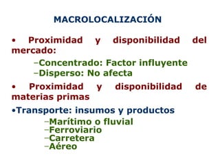 MACROLOCALIZACIÓN  Proximidad y disponibilidad del mercado: Concentrado: Factor influyente Disperso: No afecta Proximidad y disponibilidad de materias primas Transporte: insumos y productos   Marítimo o fluvial Ferroviario Carretera Aéreo   