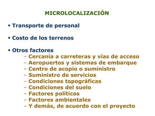 MICROLOCALIZACIÓN Transporte de personal Costo de los terrenos Otros factores   Cercanía a carreteras y vías de acceso Aeropuertos y sistemas de embarque Centro de acopio o suministro Suministro de servicios  Condiciones topográficas  Condiciones del suelo  Factores políticos Factores ambientales Y demás, de acuerdo con el proyecto 