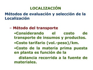 LOCALIZACIÓN  M é todos de evaluaci ó n y selección de  la  Localizaci ó n Método del transporte Considerando el costo de  transporte  de insumos y productos. C osto tarifario  ( vol .- peso )/ km. C osto de la materia prima puesta en planta  es función  de la distancia recorrida a la fuente de materiales. 