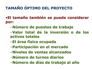 TAMAÑO ÓPTIMO DEL PROYECTO  El tamaño también se  puede  considerar por :   N úmero  de puestos de trabajo Valor total de la inversión o de los activos totales El área física ocupada Participación en el mercado Niveles de ventas alcanzados Número de turnos diarios Número de días de trabajo al año 