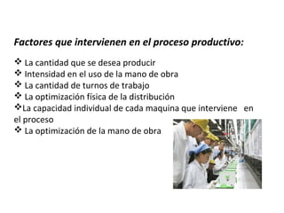 Factores que intervienen en el proceso productivo:
 La cantidad que se desea producir
 Intensidad en el uso de la mano de obra
 La cantidad de turnos de trabajo
 La optimización física de la distribución
La capacidad individual de cada maquina que interviene en
el proceso
 La optimización de la mano de obra
 