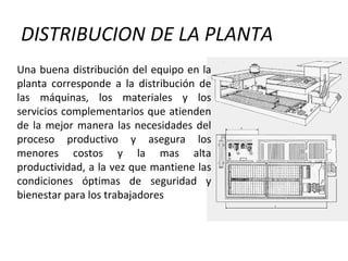 DISTRIBUCION DE LA PLANTA
Una buena distribución del equipo en la
planta corresponde a la distribución de
las máquinas, los materiales y los
servicios complementarios que atienden
de la mejor manera las necesidades del
proceso productivo y asegura los
menores costos y la mas alta
productividad, a la vez que mantiene las
condiciones óptimas de seguridad y
bienestar para los trabajadores
 