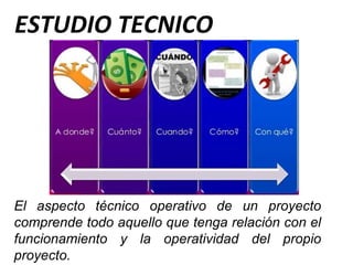 El aspecto técnico operativo de un proyecto
comprende todo aquello que tenga relación con el
funcionamiento y la operatividad del propio
proyecto.
ESTUDIO TECNICO
 
