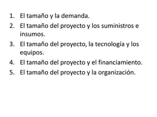 1. El tamaño y la demanda.
2. El tamaño del proyecto y los suministros e
insumos.
3. El tamaño del proyecto, la tecnología y los
equipos.
4. El tamaño del proyecto y el financiamiento.
5. El tamaño del proyecto y la organización.
 
