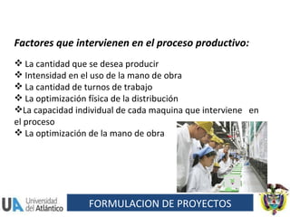 Factores que intervienen en el proceso productivo: La cantidad que se desea producir Intensidad en el uso de la mano de obra La cantidad de turnos de trabajo La optimización física de la distribución La capacidad individual de cada maquina que interviene  en el proceso La optimización de la mano de obra FORMULACION DE PROYECTOS 