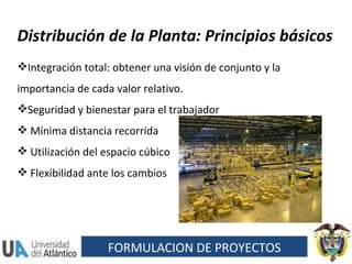Distribución de la Planta: Principios básicos Integración total: obtener una visión de conjunto y la importancia de cada valor relativo. Seguridad y bienestar para el trabajador Mínima distancia recorrida Utilización del espacio cúbico Flexibilidad ante los cambios FORMULACION DE PROYECTOS 