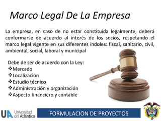Marco Legal De La Empresa Debe de ser de acuerdo con la Ley: Mercado Localización Estudio técnico Administración y organización Aspecto financiero y contable La empresa, en caso de no estar constituida legalmente, deberá conformarse de acuerdo al interés de los socios, respetando el marco legal vigente en sus diferentes índoles: fiscal, sanitario, civil, ambiental, social, laboral y municipal FORMULACION DE PROYECTOS 
