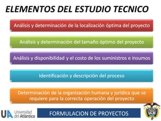 ELEMENTOS DEL ESTUDIO TECNICO FORMULACION DE PROYECTOS 