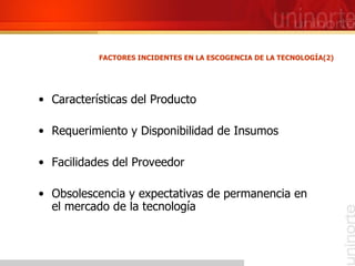 <ul><li>Características del Producto </li></ul><ul><li>Requerimiento y Disponibilidad de Insumos </li></ul><ul><li>Facilid...