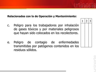 <ul><li>Relacionados con la de Operación y Mantenimiento: </li></ul><ul><li>Peligro para los trabajadores por inhalación d...