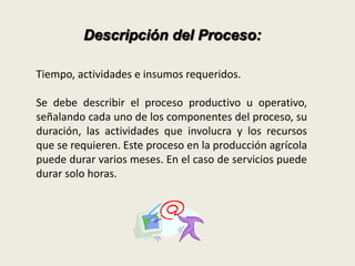 Descripción del Proceso: 
Tiempo, actividades e insumos requeridos. 
Se debe describir el proceso productivo u operativo, 
señalando cada uno de los componentes del proceso, su 
duración, las actividades que involucra y los recursos 
que se requieren. Este proceso en la producción agrícola 
puede durar varios meses. En el caso de servicios puede 
durar solo horas. 
 