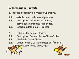 C. Ingeniería del Proyecto 
1. Proceso Productivo o Proceso Operativo. 
1.1 Variable que condiciona el proceso 
1.2. Descripción del Proceso: Tiempo, 
actividades e insumos requeridos. 
1.3. Diagrama del Flujo del Proceso 
2. Estudios Complementarios. 
2.1. Descripción General de las Obras Civiles. 
2.2. Diseño de Obras Civiles. 
2.3. Dimensiones y Características del Área del 
Proyecto: terreno, playa, agua. 
 