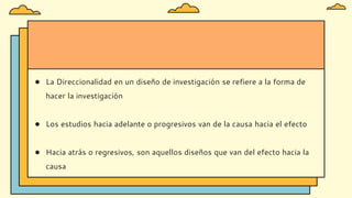 ● La Direccionalidad en un diseño de investigación se refiere a la forma de
hacer la investigación
● Los estudios hacia adelante o progresivos van de la causa hacia el efecto
● Hacia atrás o regresivos, son aquellos diseños que van del efecto hacia la
causa
 