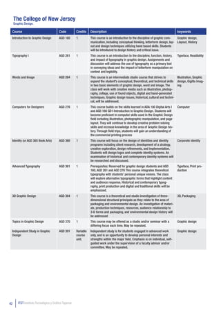 The College of New Jersey
     Graphic Design.

 Course                                  Code          Credits    Description                                                            keywords
 Introduction to Graphic Design          AGD 160       1          This course is an introduction to the discipline of graphic com-   Graphic design,
                                                                  munication, including conceptual thinking, letterform design, lay- Llayout, History
                                                                  out and design techniques utilizing hand based skills. Students
                                                                  will be introduced to design history and critical issue.
 Typography I                            AGD 261       1          This course is an introduction to the discipline, function, history,   Typeface, Readibility
                                                                  and impact of typography in graphic design. Assignments and
                                                                  discussion will address the use of typography as a primary tool
                                                                  in conveying ideas and the impact of letterform manipulation on
                                                                  context and legibility.
 Words and Image                         AGD 264       1          This course is an intermediate studio course that strives to        Illustration, Graphic
                                                                  expand the student’s conceptual, theoretical, and technical skills design, Gigitla imag-
                                                                  in two basic elements of graphic design, word and image. The        ing
                                                                  class will work with creative media such as illustration, photog-
                                                                  raphy, collage, use of found objects, digital and hand-generated
                                                                  techniques. Graphic design issues, historical, cultural and techni-
                                                                  cal, will be addressed.
 Computers for Designers                 AGD 276       1          This course builds on the skills learned in ADA 180 Digital Arts I     Computer
                                                                  and AGD 160 GD1-Introduction to Graphic Design. Students will
                                                                  become proficient in computer skills used in the Graphic Design
                                                                  field including illustration, photographic manipulation, and page
                                                                  layout. They will continue to develop creative problem solving
                                                                  skills and increase knowledge in the area of Graphic Design his-
                                                                  tory. Through field trips, students will gain an understanding of
                                                                  the commercial printing process
 Identity (or AGD 365 Book Arts)         AGD 360       1          This course will focus on the design of identities and identity        Corporate identity
                                                                  programs including client research, development of a strategy,
                                                                  creative exploration, design refinements, and implementation.
                                                                  Students will design logos and complete identity systems. An
                                                                  examination of historical and contemporary identity systems will
                                                                  be researched and discussed.
 Advanced Typography                     AGD 361       1          Prerequisites: Reserved for graphic design students and AGD            Typeface, Print pro-
                                                                  160, AGD 261 and AGD 276 This course integrates theoretical            duction
                                                                  typography with students’ personal unique visions. The class
                                                                  will explore alternative typographic forms that highlight content
                                                                  and audience response. Historical and contemporary typog-
                                                                  raphy, print production and digital and traditional skills will be
                                                                  emphasized.
 3D Graphic Design                       AGD 364       1          This course is a theoretical and studio investigation of three-        3D, Packaging
                                                                  dimensional structural principals as they relate to the area of
                                                                  packaging and environmental design. An investigation of materi-
                                                                  als, production techniques, resources, audience relationship to
                                                                  3-D forms and packaging, and environmental design history will
                                                                  be addressed
 Topics in Graphic Design                AGD 370       1          This course may be offered as a studio and/or seminar with a           Graphic design
                                                                  differing focus each time. May be repeated.
 Independent Study in Graphic            AGD 391       Variable   Independent study is for students engaged in advanced work             Graphic design
 Design                                                course     only, and is an opportunity to develop personal interests and
                                                       unit.      strengths within the major field. Emphasis is on individual, self-
                                                                  guided work under the supervision of a faculty advisor and/or
                                                                  committee. May be repeated.




42      ITGT Instituto Tecnológico y Gráfico Tajamar
 