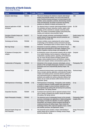 University of North Dakota
     Graphic Design Technology.

 Course                                  Code          Credits   Description                                                            keywords
 Computer aided Design.                  Tech122       3         This course introduces the student to computer aided design/           CAD
                                                                 drafting using AutoCAD software. The course will include the
                                                                 study of technical drawing techniques to include blueprint inter-
                                                                 pretation, various projections, pictorials, dimensioning, develop-
                                                                 ments and tolerancing. The hands on exercises and drawing
                                                                 problems are reflective of industry and business. Fall
 Advanced application of CADD            Tech 202      3         The advanced study of computer aided design/drafting to include 3D, CAD
 techniques                                                      3D coordinates and layout, subsurface meshes, regions, solid
                                                                 modeling, and the connection to computer numerical control
                                                                 (CNC). The creation of presentation graphics using bitmap files,
                                                                 shading, and rendering is also presented. Spring
 Principles of Graphic Design and        Tech212       3         The basic concepts, processes, and techniques involved in              Graphic design, Print
 Print Production.                                               graphic design for image generation and print production are           Production
                                                                 introduced in this course. Fall
 Technology and Society.                 TECH300       3         A lecture-recitation course emphasizing the various impacts            Technology
                                                                 of technology on the individual, society, environment and basic
                                                                 institutions. Technological matrix of various cultures. Fall, Spring
 Web Page Design                         TECH302       3         Introduction to electronic publishing on the Internet through          Web
                                                                 design, layout and production of web pages. Emphasis on pro-
                                                                 duction of graphics, interface design, and navigability. Fall
 PC Hardware & Emerging Tech-            TECH311       3         An introductory course to the personal computer with an empha-         Computer
 nologies.                                                       sis on system hardware, boot-up sequence, configuration and
                                                                 customization, operating systems, upgrading, and troubleshoot-
                                                                 ing. The course will also examine emerging computer tech-
                                                                 nologies, various peripheral devices and interfaces, including
                                                                 network and computer wireless communications systems. Fall
 Fundamentals of Photography.            TECH322       3         Introduction to the concepts, processes, technologies, and ap-         Photography, Film
                                                                 plication of film and digital photography. Emphasis is on creating
                                                                 technically sound and compositionally pleasing images. Fall,
                                                                 Summer
 Technical Design                        TECH332       3         This advanced technical design course integrates design history,       Technical design
                                                                 theory, concepts, planning, application, and production through a
                                                                 creative and inventive process concerned with the synthesis of
                                                                 such instrumental factors as engineering, technology, materials,
                                                                 aesthetics and usability into machine-producible solutions that
                                                                 balance all user needs and desires within technical and social
                                                                 constraints. Spring
 Field Experiences in Technology.        TECH396       (1-6)     Field Experiences in Technology. . Prerequisite: Junior standing       Co-op
                                                                 or consent of instructor. Provides students with supervised op-
                                                                 portunities to engage in various technical, industrial or busi-
                                                                 ness experiences by working with and learning from practicing
                                                                 professionals. Fall, Spring, Summer
 Cooperative Education.                  TECH397       (1-6)     A practical work experience with an approved company in busi-          Co-op
                                                                 ness or industry, arranged by the student, faculty and employer.
                                                                 S/U grading. Fall, Spring, Summer
 Digital Photography & Imaging.          TECH422       3         This advanced course in photography focuses on the concepts,           Photography, Digital
                                                                 processes, technologies and applications of digital photography        imaging, Ethics
                                                                 and imaging. It includes the utilization of cameras, digitizing
                                                                 technologies, and computer software designed specifically for
                                                                 creating, processing and editing images. Topics include this
                                                                 technology’s history, ethics, legal and regulatory issues, creative
                                                                 and scientific processes, and applications. Spring
 Advanced Graphic Design and             TECH442       3         This lecture/lab course provides a deeper understanding of             Design, Print produc-
 Print Production.                                               graphic design with an emphasis on strategy, concept, design,          tion
                                                                 and print production. Spring




44      ITGT Instituto Tecnológico y Gráfico Tajamar
 
