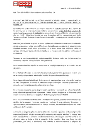 Madrid, 26 de junio de 2012  

A/A  Dirección de RRHH Centros Comerciales Carrefour S.A. 

 

ESTUDIO  Y  VALORACIÓN  DE  LA  SECCIÓN  SINDICAL  DE  CC.OO.,  SOBRE  EL  DOCUMENTO  DE 
MODIFICACIÓN SUSTANCIAL DE LAS CONDICIONES LABORALES DE LOS TRABAJADORES/AS DE 
CARREFOUR: 
 
La modificación sustancial de las condiciones laborales de los trabajadores/as de la plantilla de 
los  centros,  que  la  empresa  plantea  mediante  un  estudio  de  cargas  de  trabajo‐volumen  de 
ventas‐horarios  y  número  de  trabajadores,  expuesto  en  el  seno  del  Comité  Intercentros,  los  
días 11, 15, 19 y 20 de junio, implica una serie de cambios teóricos elaborados a partir de la 
“supuesta realidad” de los centros anónimos comparados y expuestos como ejemplo en dichas 
reuniones.  
 
El estudio, no establece el “punto de inicio” a partir del cual se analiza la situación real de cada  
centro para después aplicar las modificaciones planteadas, ya que, alguno de los parámetros 
laborales  utilizados,  como  son  la  polivalencia,  ya  se  aplica  desde  hace  tiempo  en  todos  los 
centros. Además, en la presentación realizada, no se han expuesto los gráficos unificados del 
total‐tienda. 
 
Tampoco  se  han  contemplado  los  continuos  cambios  de  turno  reales  que  no  figuran  en  los 
calendarios laborales entregados a los trabajadores/as.   
 
No se ha informado del método de elaboración de las cargas de trabajo ni de su forma real de 
ejecución.  
 
No se ha hecho hincapié en las anomalías organizativas/comerciales que existen en cada una 
de las tiendas para proceder a aplicar los cambios de las condiciones laborales.  
  
No se ha considerado la incidencia de las cargas de trabajo del personal externo, los horarios 
de estos trabajadores, el número de este colectivo por centro y las funciones que realizan; así 
como, las que interactúan con las del personal Carrefour. 
 
No se han concretado los planes de proyección económica y comercial, que solo se han citado 
como  una  mera  declaración  de  intenciones.  En  este  sentido  tampoco  se  ha  informado  de  la 
mejora económica derivada de la apertura de domingos y festivos en Madrid.  
 
No se han considerado los efectos en la salud de los trabajadores/as como consecuencia de los 
cambios  de  las  cargas  y  ritmos  de  trabajo  que  requieren  de  una  evaluación  de  riesgos    y 
aplicación de las pertinentes medidas de control; así como, de una valoración previa por parte 
del Servicio de Prevención. 
 
Así  mismo,  se  alega  la  aplicación  de  las  diferentes  medidas  o  palancas  en  base  al  presunto 
grado de afectación,  diferenciando entre los supuestos centros que “van bien” y los que “van 
mal”. A estos últimos se aplicarán variablemente diversas palancas y sin concretar cómo. Y,  en 
el  primer  caso,  se  limita  al  20%  la  aplicación  de  las  medidas.    Este  tope  fijado  no  está 
justificado  y,  por  tanto,  es  arbitrario  y  solo  confirma  la  intencionalidad  de  la  empresa  de 
                                                                                                       1
 