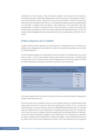 concloents si es té en compte, a més, el mode de transport. Així, els que van amb modes no
                         motoritzats (que estan a dintre dels desplaçaments interns) són els que menys triguen en arribar o
                         tornar de la feina (9,2 minuts), menys que no pas la resta de residents a l’àmbit de l’Antena que
                         opten per anar amb transport privat. De nou, es vol destacar que aquesta situació és possible gràcies
                         a la proximitat i contigüitat entre els polígons i teixit residencial, un fet característic dels tipus
                         d’assentaments compactes. Continuant amb els modes de transport, s’observa com arribar amb
                         transport públic als polígons és l’opció que implica més temps de desplaçament (39,7 minuts). Per
                         la seva banda, els desplaçaments amb transport privat tenen una durada mitjana molt inferior, de 21,8
                         minuts.



                         Anàlisi subjectiva de la mobilitat
                         L’anàlisi subjectiva permet aprofundir en les percepcions i predisposicions de la mobilitat de la
                         població que fa desplaçaments per treball en el sector de la indústria amb destinació als municipis
                         de l’Antena Viladecans.


                         Un primer element analitzat és la disponibilitat de carnet de conduir i de vehicle privat. Com es pot
                         veure a la taula 11, el 91,5% de la població disposa d’algun permís de conducció, i un 89,8% també
                         té vehicle privat. El 8,5% de les persones que fan desplaçaments per treball als polígons de l’àmbit
                         de l’Antena Viladecans no disposen de permís de conducció ni de vehicle privat.


                                                                                                                                Taula 11
                            Disposició de permís de conducció i de vehicle privat de la població que fa
                            desplaçaments per treball amb destinació als polígons de l’Antena Viladecans

                                                                                                                        Percentatge

                            Disposa d'algún permís de conducció                                                             91,5
                            Disposa de permís i vehicle privat                                                              89,8
                            Disposa de permís sense vehicle privat                                                            1,8
                            No disposa de permís de conducció ni de vehicle privat                                            8,5

                            Total                                                                                          100,0

                                                                                       Font: ATM, Generalitat de Catalunya i IERMB, EMQ 2006




                         Una segona qüestió que s’ha tingut en compte és el motiu pel qual la població es desplaça en
                         transport privat (vegeu taula 12).


                         El primer fet que es pot constatar es que qui va amb transport privat ho fa sobretot perquè triga
                         menys temps. Es l’opció a la qual se li dona més importància (6,74 sobre 10), fins i tot amb una
                         valoració superior a la que es dona pel conjunt de la Regió Metropolitana (6,63 sobre 10). El segon
                         motiu en importància és la manca d’alternatives en transport públic (6,32 sobre 10). En aquest cas,
                         com s’ha vist més amunt en analitzar l’oferta de transport públic, els principals dèficits se’n derivarien,
                         no pas de la manca de parades als polígons, sinó d’altres factors com la dispersió de la demanda
                         en origen, la distància des de la parada fins a l’empresa del polígon, o la poca freqüència de pas. De
                         fet, aquest darrer factor (la poca freqüència) és el tercer motiu més important pel qual la població




162   INFRAESTRUCTURES   ESTAT DE LA SITUACIÓ I POTENCIALITATS DELS POLÍGONS INDUSTRIALS DE L’ÀMBIT DE L’ANTENA LOCAL VILADECANS
 
