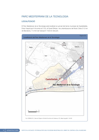 PARC MEDITERRANI DE LA TECNOLOGIA
                        LOCALITZACIÓ

                        El Parc Mediterrani de la Tecnologia està localitzat al sud-est del terme municipal de Castelldefels.
                        Entre l’espai que hi ha entre la C-32, el Canal Olímpic i les urbanitzacions del litoral. Dista 21,5 km
                        de Barcelona, 11,4 km de l’aeroport i 18,6 km del port.


                                                                                                                                        Figura 23
                           Localització del Parc Mediterrani de la Tecnologia




                              Font: IERMB (2011), Base de Polígons d’Activitat Econòmica de Catalunya i ICC, Mapa topogràfic 1:50.000




44   INFRAESTRUCTURES   ESTAT DE LA SITUACIÓ I POTENCIALITATS DELS POLÍGONS INDUSTRIALS DE L’ÀMBIT DE L’ANTENA LOCAL VILADECANS
 