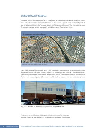 CARACTERITZACIÓ GENERAL

                        El polígon Estruch té una superfície de 33,1 hectàrees, el que representa el 4% del sòl actual i previst
                        per a activitats econòmiques a el Prat. Consta de dos sectors separats per la ronda de Ponent. Al
                        sud hi ha les instal·lacions de l’empresa Nissan i en l’altra peça del polígon hi ha diverses empreses.
                        Es un polígon proper al teixit residencial i també força antic. Data de l’any 1972.


                                                                                                                             Figura 36
                           Ortofotomapa del polígon Estruch




                           Font: UPIC (2008) Mapa d’Àrees Industrials de Catalunya




                        L’any 2008 hi havia 72 empreses7, amb 1.422 treballadors. La majoria de les activitats són de les
                        següents branques d’activitat: comerç i reparació d’equips i articles, transport i emmagatzematge i
                        comunicacions; altres indústries: metall, automoció, química8. El Centre de Promoció Econòmica del
                        Prat es troba en aquest polígon (Carrer Moreres, 48). No hi ha cap associació de totes les empreses.




                        Figura 37. Centre de Promoció Econòmica al polígon Estruch




                        7. Ajuntament del Prat de Llobregat (2008) Mapa de l’activitat econòmica del Prat de Llobregat

                        8. Consell Comarcal del Baix Llobregat (2007) Estudi sobre l’Estat dels Polígons al Baix Llobregat




56   INFRAESTRUCTURES   ESTAT DE LA SITUACIÓ I POTENCIALITATS DELS POLÍGONS INDUSTRIALS DE L’ÀMBIT DE L’ANTENA LOCAL VILADECANS
 