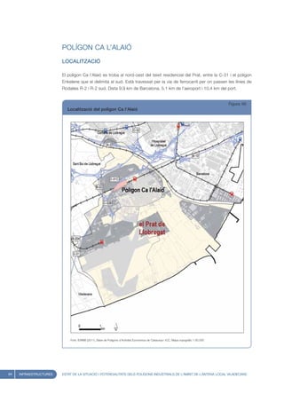 POLÍGON CA L’ALAIÓ
                        LOCALITZACIÓ

                        El polígon Ca l’Alaió es troba al nord-oest del teixit residencial del Prat, entre la C-31 i el polígon
                        Enkelene que el delimita al sud. Està travessat per la via de ferrocarril per on passen les línies de
                        Rodalies R-2 i R-2 sud. Dista 9,9 km de Barcelona, 5,1 km de l’aeroport i 10,4 km del port.


                                                                                                                                      Figura 46
                           Localització del polígon Ca l’Alaió




                            Font: IERMB (2011), Base de Polígons d’Activitat Econòmica de Catalunya i ICC, Mapa topogràfic 1:50.000




64   INFRAESTRUCTURES   ESTAT DE LA SITUACIÓ I POTENCIALITATS DELS POLÍGONS INDUSTRIALS DE L’ÀMBIT DE L’ANTENA LOCAL VILADECANS
 