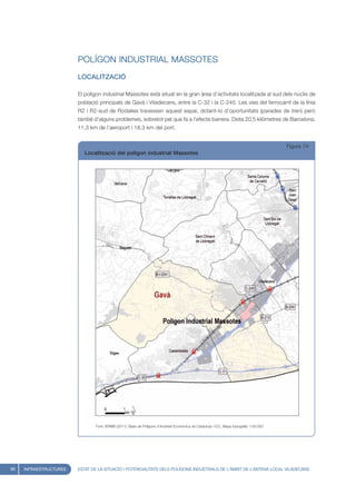 POLÍGON INDUSTRIAL MASSOTES
                        LOCALITZACIÓ

                        El polígon industrial Massotes està situat en la gran àrea d’activitats localitzada al sud dels nuclis de
                        població principals de Gavà i Viladecans, entre la C-32 i la C-245. Les vies del ferrocarril de la línia
                        R2 i R2-sud de Rodalies travessen aquest espai, dotant-lo d’oportunitats (parades de tren) però
                        també d’alguns problemes, sobretot pel que fa a l’efecte barrera. Dista 20,5 kilòmetres de Barcelona,
                        11,3 km de l’aeroport i 18,3 km del port.


                                                                                                                                         Figura 74
                           Localització del polígon industrial Massotes




                               Font: IERMB (2011), Base de Polígons d’Activitat Econòmica de Catalunya i ICC, Mapa topogràfic 1:50.000




90   INFRAESTRUCTURES   ESTAT DE LA SITUACIÓ I POTENCIALITATS DELS POLÍGONS INDUSTRIALS DE L’ÀMBIT DE L’ANTENA LOCAL VILADECANS
 