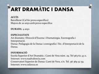 ART DRAMÀTIC I DANSA
ACCÉS
Batxillerat (Cal fer prova específica)
Majors de 20 anys amb prova específica
DURADA: 4 anys
ESPECIALITATS
Art dramàtic: Direcció d'Escena i Dramatúrgia, Escenografia i
Interpretació.
Dansa: Pedagogia de la Dansa i coreografia i Tèc. d'Interpretació de la
Dansa.
INFORMACIÓ
Escola Superior d'Art Dramàtic.: Camí de Vera núm. 29. Tel 963 62 43 11.
Internet: www.esadvalencia.com
Conservatori Superior de Dansa: Camí de Vera, s/n. Tel. 96 369 52 59.
Internet: www.csdanza.es
 