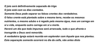 O joio será definitivamente separado do trigo
O joio está com os dias contados.
Somente Deus pode separar os falsos crentes dos verdadeiros.
O falso crente está plantado sobre a mesma terra, recebe os mesmos
nutrientes, o mesmo adubo e é regado pela mesma água, mas um carrega em
si a vida, enquanto outro carrega em si a morte.
Haverá um dia que toda impureza será arrancada, tudo o que afronta e
transgride a Deus será removido.
A verdadeira Igreja estará reunida em esplendor com Aquele que nos plantou.
Esta separação somente ocorrerá no dia da ceifa, não antes disto
 