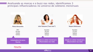 32
Julia Tolezano (“Jout Jout”)
Youtuber
24 anos
Solteira
Carioca
Analisando as marcas e o buzz nas redes, identificamos 3
principais influenciadoras no universo de coletores menstruais
Nayara Rattacasso
Youtuber
21 anos
Solteira
Carioca
Adepta ao coletor menstrual e
influenciadora nas redes
Adepta ao coletor menstrual e
influenciadora nas redes
Flávia Alessandra
Atriz
42 anos
Casada
Carioca
Embaixadora da marca
Fleurity
 