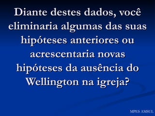 Diante destes dados, você eliminaria algumas das suas hipóteses anteriores ou acrescentaria novas hipóteses da ausência do Wellington na igreja? MPES AMSUL 