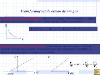 Transformações de estado de um gás Isotérmica – Lei de Boyle- Mariotte     Mantendo-se a temperatura constante, o volume ocupado por certa massa gasosa, é inversamente proporcional a sua pressão. P V P . V = k     P 1  . V 1  = P 2  . V 2 Isobárica – Leis Charles – Gay- Lussac     Mantendo-se a pressão constante o volume ocupado por certa massa gasosa varia linearmente com a temperatura em Celsius e, é diretamente proporcional a temperatura absoluta.   V t  0 C   - 273 0 C V T (K) 