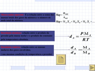 Massa molar aparente :  É a relação entre a soma das massas totais dos gases da mistura e o número de mols total da mistura. Densidade absoluta:   relação entre o produto da pressão pela massa molar e o produto da constante pela temperatura absoluta.   Densidade relativa:   relação entre as massas molares dos gases envolvidos. ( nas mesmas condições de temperatura e pressão) 