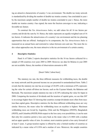 21
ing an attractive characteristic of country i’s tax environment. The double tax treaty network
is standardized by dividing the number of double tax treaties country i has concluded in year t
by the maximum sample number of double tax treaties concluded in year t. Hence, the more
double tax treaties country i has signed, the more the fraction converges to one, indicating a
favorable tax feature.
To construct the Tax Attractiveness Index, we add values for all 16 tax factors per
country and divide the sum by 16. Hence, the index represents an equally-weighted sum of 16
tax factors. It indicates the attractiveness of a country’s tax environment and the tax planning
opportunities that are offered. Analogical to its components, the Tax Attractiveness Index is
measured on an annual basis and restricted to values between zero and one. The more the in-
dex values approaches one, the more attractive is the tax environment of a certain country.
4 Descriptive Statistics
Panel A of Table 2 reports descriptive statistics for the 16 tax factors collected for a
sample of 100 countries over years 2005 to 2009. However, tax data for Belarus in year 2005
are not available. Hence, the number of observations amounts to 499.
[Insert Table 2 about here]
The statutory tax rate, the three different measures for withholding taxes, the double
tax treaty network and the personal income tax are presented in unstandardized form. Table 2
reveals that the statutory tax rate has an average of 24.69% with a minimum of 0% represent-
ing the value for certain off-shore tax havens, such as the Cayman Islands, the Bahamas and
Bermuda. The maximum sample statutory tax rate is 42.34% indicating the value for Japan in
2008. Comparing the taxation of dividends and the taxation of capital gains, we see that DIV
is on average higher than CG showing that countries exempt dividends more often from taxa-
tion than capital gains. Descriptive statistics for the three different withholding taxes are very
similar. However, the mean value for withholding taxes on royalties is highest. Maximum
withholding taxes are levied by Argentina, Chile and the Philippines (WHTD), Bangladesh
(WHTI), and Columbia (WHTR).With respect to the loss carry over possibilities, it can be seen
that only few countries permit a loss carry back as the mean value is 0.1804 with a median
and an upper quartile value of zero. In contrast, most countries permit a loss carry forward of
at least 5 years. A group taxation regime is offered by only a limited number of countries as
indicated by a mean value of 0.1934 and a median of zero. Moreover, the sample countries
 