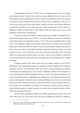 24
Correspondingly, Panel B of Table A.III in the appendix shows mean value differ-
ences between regions. Values of the column are always subtracted from row values. Above
the diagonal, p-values resulting from t-tests are reported in parentheses. Below the diagonal,
we provide p-values resulting from Wilcoxon rank-sum tests in parentheses. Since the Tax
Attractiveness Index shows little within-country variation over time, cross-country differences
are persistent. Therefore, we use mean values per country for the purpose of this analysis re-
ducing the number of observations to 100. Taking all 499 observations into account would
artificially increase levels of significance.
It can be seen that the Caribbean countries offer most favorable tax conditions as re-
flected by the highest index value of 0.6621 on average. Differences between the Caribbean
and all other regions are significant (p-values < 0.1).20
European countries show index values above the sample average as well (0.5127).
Differences to other geographical regions are significant with the exception of the Caribbean
(Wilcoxon rank-sum test). High index values arise since in Europe, participation exemptions
for dividends and capital gains are very common. In addition, members of the European Un-
ion can benefit from the Parent-Subsidiary Directive as well as the Interest and Royalties Di-
rective that abolish intra-EU withholding taxes. Furthermore, most European countries offer
group taxation regimes; Austria, Denmark, France, and Belgium even allow for a cross border
group relief. Other important tax factors are the wide double tax treaty networks many Euro-
pean countries have established (on average 56.55 treaties per country) and the existence of
special holding regimes in certain locations. In contrast, most European countries enforce
rather strict anti abuse provisions.
This can be explained by the fact that
some of the Caribbean countries do not impose income taxes at all. Hence, they also obtain
high values in most of the other tax factors we take into consideration since tax base determi-
nants, such as loss carry over possibilities and thin capitalization rules do not play a role if the
statutory tax rate is zero. Furthermore, anti abuse provisions rarely apply in the Caribbean
region. In contrast, group taxation regimes are scarce; moreover, the Caribbean countries do
not have broad double tax treaty networks. On average, they have concluded only 0.67 double
tax treaties.
The other three geographical regions do not differ significantly from each other. The
mean value of the Tax Attractiveness Index for Africa & Middle East (0.4420) is slightly be-
20
Only the p-value resulting from a Wilcoxon rank-sum test for the mean value difference between the
Caribbean and Europe is not significant.
 