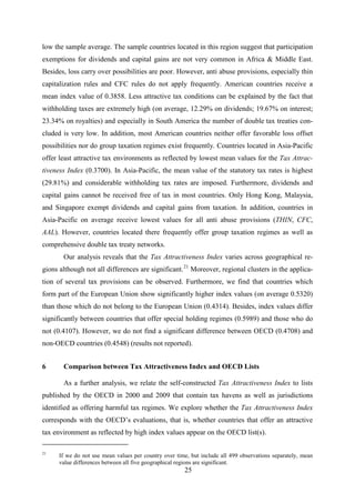 25
low the sample average. The sample countries located in this region suggest that participation
exemptions for dividends and capital gains are not very common in Africa & Middle East.
Besides, loss carry over possibilities are poor. However, anti abuse provisions, especially thin
capitalization rules and CFC rules do not apply frequently. American countries receive a
mean index value of 0.3858. Less attractive tax conditions can be explained by the fact that
withholding taxes are extremely high (on average, 12.29% on dividends; 19.67% on interest;
23.34% on royalties) and especially in South America the number of double tax treaties con-
cluded is very low. In addition, most American countries neither offer favorable loss offset
possibilities nor do group taxation regimes exist frequently. Countries located in Asia-Pacific
offer least attractive tax environments as reflected by lowest mean values for the Tax Attrac-
tiveness Index (0.3700). In Asia-Pacific, the mean value of the statutory tax rates is highest
(29.81%) and considerable withholding tax rates are imposed. Furthermore, dividends and
capital gains cannot be received free of tax in most countries. Only Hong Kong, Malaysia,
and Singapore exempt dividends and capital gains from taxation. In addition, countries in
Asia-Pacific on average receive lowest values for all anti abuse provisions (THIN, CFC,
AAL). However, countries located there frequently offer group taxation regimes as well as
comprehensive double tax treaty networks.
Our analysis reveals that the Tax Attractiveness Index varies across geographical re-
gions although not all differences are significant.21
6 Comparison between Tax Attractiveness Index and OECD Lists
Moreover, regional clusters in the applica-
tion of several tax provisions can be observed. Furthermore, we find that countries which
form part of the European Union show significantly higher index values (on average 0.5320)
than those which do not belong to the European Union (0.4314). Besides, index values differ
significantly between countries that offer special holding regimes (0.5989) and those who do
not (0.4107). However, we do not find a significant difference between OECD (0.4708) and
non-OECD countries (0.4548) (results not reported).
As a further analysis, we relate the self-constructed Tax Attractiveness Index to lists
published by the OECD in 2000 and 2009 that contain tax havens as well as jurisdictions
identified as offering harmful tax regimes. We explore whether the Tax Attractiveness Index
corresponds with the OECD’s evaluations, that is, whether countries that offer an attractive
tax environment as reflected by high index values appear on the OECD list(s).
21
If we do not use mean values per country over time, but include all 499 observations separately, mean
value differences between all five geographical regions are significant.
 