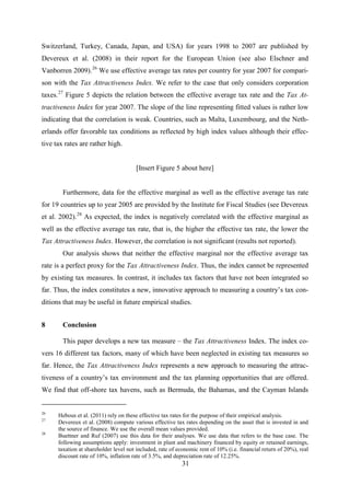 31
Switzerland, Turkey, Canada, Japan, and USA) for years 1998 to 2007 are published by
Devereux et al. (2008) in their report for the European Union (see also Elschner and
Vanborren 2009).26
We use effective average tax rates per country for year 2007 for compari-
son with the Tax Attractiveness Index. We refer to the case that only considers corporation
taxes.27
Figure 5 depicts the relation between the effective average tax rate and the Tax At-
tractiveness Index for year 2007. The slope of the line representing fitted values is rather low
indicating that the correlation is weak. Countries, such as Malta, Luxembourg, and the Neth-
erlands offer favorable tax conditions as reflected by high index values although their effec-
tive tax rates are rather high.
[Insert Figure 5 about here]
Furthermore, data for the effective marginal as well as the effective average tax rate
for 19 countries up to year 2005 are provided by the Institute for Fiscal Studies (see Devereux
et al. 2002).28
Our analysis shows that neither the effective marginal nor the effective average tax
rate is a perfect proxy for the Tax Attractiveness Index. Thus, the index cannot be represented
by existing tax measures. In contrast, it includes tax factors that have not been integrated so
far. Thus, the index constitutes a new, innovative approach to measuring a country’s tax con-
ditions that may be useful in future empirical studies.
As expected, the index is negatively correlated with the effective marginal as
well as the effective average tax rate, that is, the higher the effective tax rate, the lower the
Tax Attractiveness Index. However, the correlation is not significant (results not reported).
8 Conclusion
This paper develops a new tax measure – the Tax Attractiveness Index. The index co-
vers 16 different tax factors, many of which have been neglected in existing tax measures so
far. Hence, the Tax Attractiveness Index represents a new approach to measuring the attrac-
tiveness of a country’s tax environment and the tax planning opportunities that are offered.
We find that off-shore tax havens, such as Bermuda, the Bahamas, and the Cayman Islands
26
Hebous et al. (2011) rely on these effective tax rates for the purpose of their empirical analysis.
27
Devereux et al. (2008) compute various effective tax rates depending on the asset that is invested in and
the source of finance. We use the overall mean values provided.
28
Buettner and Ruf (2007) use this data for their analyses. We use data that refers to the base case. The
following assumptions apply: investment in plant and machinery financed by equity or retained earnings,
taxation at shareholder level not included, rate of economic rent of 10% (i.e. financial return of 20%), real
discount rate of 10%, inflation rate of 3.5%, and depreciation rate of 12.25%.
 
