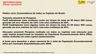 METODOLOGIA
Plano amostral


Público alvo: Consumidores de todas as Capitais do Brasil.

Tamanho amostral da Pesquisa
Perfil Adimplente (sem nenhuma conta em atraso há mais de 90 dias): 668 casos,
gerando um erro máximo de 3,8% com uma confiança de 95%.
Perfil Inadimplente (com alguma conta em atraso há mais de 90 dias): 609 casos,
gerando um erro máximo de 4,0% com uma confiança de 95%.

Alocação amostral: Pesquisa realizada em todas as capitais com alocação para
cada capital proporcional ao tamanho da População Economicamente Ativa (PEA).
Coleta realizada em cada capital aleatoriamente.

A fonte para desenhar o plano amostral foi o total da População Economicamente
Ativa por município disponibilizado pelo IBGE.



*Ao longo do questionário alguns gráficos não fecham em 100% devido ao arredondamento dos valores.
 