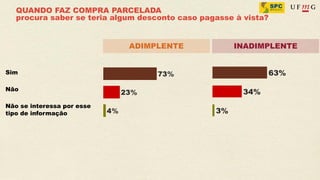 QUANDO FAZ COMPRA PARCELADA
   procura saber se teria algum desconto caso pagasse à vista?


                             ADIMPLENTE              INADIMPLENTE


Sim

Não

Não se interessa por esse
tipo de informação
 