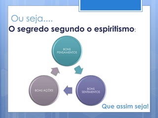 Ou seja....
O segredo segundo o espiritismo:
BONS
PENSAMENTOS
BONS
SENTIMENTOS
BOAS AÇÕES
Que assim seja!
 