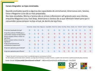 Canais integrados: as lojas conectadas.
Quando analisadas quanto a algumas das capacidades do omnichannel, Americanas.com, Saraiva,
Extra e Magazine Luiza são as mais preparadas.
Das lojas estudadas, Marisa e Saraiva são as únicas a oferecerem wifi gratuito para seus clientes,
enquanto Magazine Luiza, Fast Shop, Americanas e Saraiva são as que oferecem totem para que o
consumidor possa comprar na loja virtual, de dentro da loja física.
Americanas Saraiva Extra Mag.Luiza Casas Bahia Ponto Frio Cultura Fast Shop Marisa Onofre Fnac* Walmart* Sephora* Droga Raia
O site tem localizador de loja?              
A loja física oferece TOTEM para o
consumidor comprar na loja online?              
Dá pra comprar online e retirar na
loja física?              
Dá pra comprar online e trocar na
loja física?              
A loja virtual funciona em
smartphones (responsiva)?              
A loja tem aplicativo para Android?              
A loja tem aplicativo para iPhone?              
* Apesar de serem multinacionais, foram consideradas apenas sua presença no Brasil
As informações apresentadas foram coletadas ao longo das entrevistas e via desk research, e podem não representar a política praticada pelas empresas.
Fonte: Estudo “O Consumidor Omnichannel no Brasil” – ABComm/ComSchool/e-bit/BrazilPanels – Fev/2014
 