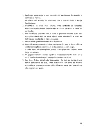 28
1. Explica-se brevemente e com exemplos, os significados de conceito e
Palavras-de-ligação.
2. Escolhe-se um assunto do livro-texto com o qual o aluno já esteja
familiarizado.
3. Desenha-se na lousa duas colunas. Uma contendo os conceitos
encontrados pelos alunos naquele texto e a outra contendo as palavras-
de-ligação.
4. Em construção conjunta com o aluno, o professor escolhe quais dos
conceitos encontrados na lousa são os mais abrangentes e quais as
Palavras-de-ligação são as mais adequadas.
5. Procuram-se agora os conceitos mais específicos.
6. Constrói agora o mapa conceitual, apresentando para o aluno a lógica
usada nas relações e esclarecendo as dúvidas que possam surgir.
7. A sala é divida em quatro grupos, dando a cada grupo uma cartolina e um
tema em comum.
8. Os grupos devem ler o tema e repetir os passos especificados acima (do 1
ao 6), confeccionando agora o seu próprio mapa conceitual.
9. Por fim, é feita a socialização dos grupos. Ao final, os alunos devem
tomar consciência de que, ainda trabalhando em cima do mesmo
conteúdo, os mapas conceituais sairão diferentes e que para serem bons
não precisam ser iguais.
 