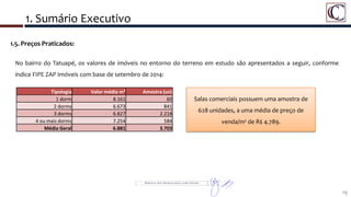 1. Sumário Executivo
19
1.5. Preços Praticados:
No bairro do Tatuapé, os valores de imóveis no entorno do terreno em estudo são apresentados a seguir, conforme
índice FIPE ZAP Imóveis com base de setembro de 2014:
Tipologia Valor médio m² Amostra (un)
1 dorm 8.161 60
2 dorms 6.673 841
3 dorms 6.827 2.218
4 ou mais dorms 7.254 584
Média Geral 6.881 3.703
Salas comerciais possuem uma amostra de
628 unidades, a uma média de preço de
venda/m² de R$ 4.789.
 