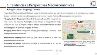 34
Segundo a SPTuris, a cidade de São Paulo possui 53 shoppings centers, que representam tanto centros de compras, como opções
de lazer e oferecem também ao público gastronomia, cinemas e teatro. Abaixo estão os shoppings mais próximos:
 Região Leste - Shoppings Centers
Fonte: www.cidadedesaopaulo.com.br, Portais Shopping Metrô
Tatuapé, Shopping Boulervard, Shopping Anália Franco, Shopping
Center Norte, Shopping D,
Mooca Plaza Shopping e Shopping Aricanduva
2. Tendências e Perspectivas Macroeconômicas
Shopping Metrô Tatuapé e Boulevard : O Shopping Tatuapé foi inaugurado em
1997 e possui 300 lojas, já o shopping Boulevard Tatuapé foi inaugurado em 2007 e
conta com 150 lojas. O complexo está ao lado do empreendimento em estudo e
servirá de ponto de apoio aos hóspedes do hotel.
Shopping Anália Franco : Inaugurado em 1999, possui 403 lojas. Localizado à 4 km
do empreendimento em estudo.
Mooca Plaza Shopping: Conta com 233 lojas e está localizado à 9,8 km do
empreendimento em estudo.
 Shopping Aricanduva: Conta com 579 lojas e está localizado à 12,2 km do
empreendimento em estudo.
 