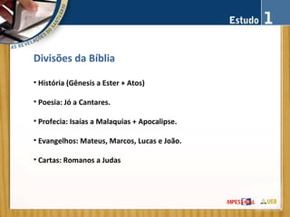 Divisões da Bíblia
• História (Gênesis a Ester + Atos)
• Poesia: Jó a Cantares.
• Profecia: Isaías a Malaquias + Apocalipse.
• Evangelhos: Mateus, Marcos, Lucas e João.
• Cartas: Romanos a Judas
 