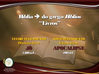 BíbliaBíblia  do gregodo grego BibliosBiblios
“Livros”“Livros”
VELHOTESTAMENTOVELHOTESTAMENTO
Primeiro LivroPrimeiro Livro
JÓJÓ
1500a.C.1500a.C.
NOVO TESTAMENTONOVO TESTAMENTO
Último LivroÚltimo Livro
APOCALIPSEAPOCALIPSE
100d.C.100d.C.
 