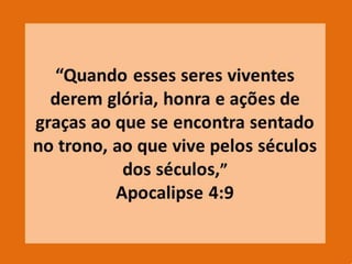1.9 - A resposta às orações deve ser
esperada com ações de graça (CI. 4:2).
1.10- E a vontade de Deus que seu filho dê
graças (I Ts. 5:18).
1.11- As ações de graça devem ser
abundantes (2Co. 4:15), devem permear
nossa conversação (Ef.5:4) e devemos
crescer nelas (Cl. 2:6).
1.12- As ações de graça estão presentes no
céu (Ap.4:9; 7:12).
 