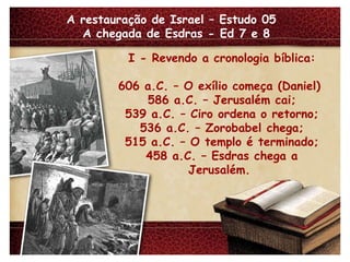 A restauração de Israel – Estudo 05  A chegada de Esdras - Ed 7 e 8 I - Revendo a cronologia bíblica: 606 a.C. – O exílio começa (Daniel)  586 a.C. – Jerusalém cai; 539 a.C. – Ciro ordena o retorno; 536 a.C. – Zorobabel chega; 515 a.C. – O templo é terminado; 458 a.C. – Esdras chega a Jerusalém.  