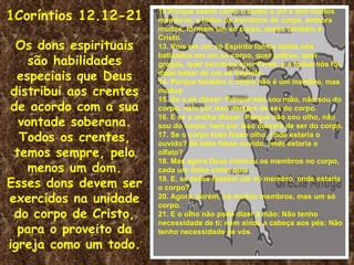 1Coríntios 12.12-21     12 Porque assim como o corpo é um e tem muitos
                        membros, e todos os membros do corpo, embora
                        muitos, formam um só corpo, assim também é
                        Cristo.
  Os dons espirituais   13. Pois em um só Espírito fomos todos nós

     são habilidades
                        batizados em um só corpo, quer judeus, quer
                        gregos, quer escravos quer livres; e a todos nós foi
  especiais que Deus    dado beber de um só Espírito.
                        14. Porque também o corpo não é um membro, mas
distribui aos crentes   muitos.
                        15. Se o pé disser: Porque não sou mão, não sou do
 de acordo com a sua    corpo; nem por isso deixará de ser do corpo.

   vontade soberana.
                        16. E se a orelha disser: Porque não sou olho, não
                        sou do corpo; nem por isso deixará de ser do corpo.
   Todos os crentes,    17. Se o corpo todo fosse olho, onde estaria o
                        ouvido? Se todo fosse ouvido, onde estaria o
  temos sempre, pelo    olfato?
                        18. Mas agora Deus colocou os membros no corpo,
     menos um dom.      cada um deles como quis.

Esses dons devem ser    19. E, se todos fossem um só membro, onde estaria
                        o corpo?
exercidos na unidade    20. Agora, porém, há muitos membros, mas um só
                        corpo.
 do corpo de Cristo,    21. E o olho não pode dizer à mão: Não tenho
                        necessidade de ti; nem ainda a cabeça aos pés: Não
  para o proveito da    tenho necessidade de vós.
igreja como um todo.
 