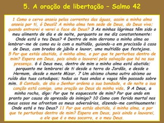 5. A oração de libertação – Salmo 42
uando Como o cervo anseia tomar correntes das águas, assim a minha alma
   1 o Senhor estava para pelas
  anseia por ti, ó Deus!2 A minha alma tem sede de Deus, do Deus vivo;
quando entrarei e verei a face de Deus? 3 As minhas lágrimas têm sido o
   meu alimento de dia e de noite, porquanto se me diz constantemente:
     Onde está o teu Deus? 4 Dentro de mim derramo a minha alma ao
lembrar-me de como eu ia com a multidão, guiando-a em procissão à casa
   de Deus, com brados de júbilo e louvor, uma multidão que festejava.
5 Por que estás abatida, ó minha alma, e por que te perturbas dentro de
  mim? Espera em Deus, pois ainda o louvarei pela salvação que há na sua
    presença. 6 ó Deus meu, dentro de mim a minha alma está abatida;
     porquanto me lembrarei de ti desde a terra do Jordão, e desde o
   Hermom, desde o monte Mizar. 7 Um abismo chama outro abismo ao
ruído das tuas catadupas; todas as tuas ondas e vagas têm passado sobre
mim. 8 Contudo, de dia o Senhor ordena a sua bondade, e de noite a sua
   canção está comigo, uma oração ao Deus da minha vida. 9 A Deus, a
    minha rocha, digo: Por que te esqueceste de mim? Por que ando em
 pranto por causa da opressão do inimigo? 10 Como com ferida mortal nos
meus ossos me afrontam os meus adversários, dizendo-me continuamente:
  Onde está o teu Deus? 11 Por que estás abatida, ó minha alma, e por
 que te perturbas dentro de mim? Espera em Deus, pois ainda o louvarei,
                 a ele que é o meu socorro, e o meu Deus.
 